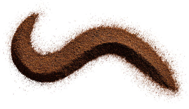 A dark brown, serpentine shape, densely speckled with light-colored particles