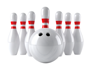 Bowling Pins and Ball: A detailed studio shot depicts a classic bowling scene featuring a white ball positioned directly in front of a carefully arranged set of bowling pins, ready for action.