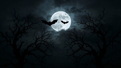 Mysterious full moon shines brightly in a dark, cloudy night sky, featuring silhouetted bats in flight and eerie bare trees