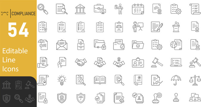 Collection Of Modern Editable Thin Stroke Line Style Compliance Icons Set For Legal Business And Regulatory Related Concepts Isolated On White Background