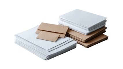 A tidy arrangement of white and brown envelopes and paper stacks ideal for stationery use or office organization on a transparent background