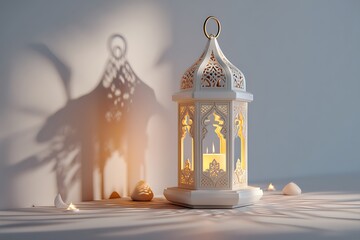 Fototapeta premium Ramadan-themed background with a white color palette and a lantern, soft lighting creating gentle shadows under a warm glow.