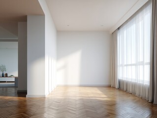 Fototapeta premium A large room with a white wall and wooden floors