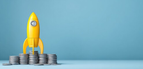 Rocket launching from a stack of coins on a light blue background