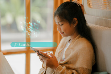 Woman using mobile smartphone with E-commerce technology icon on virtual global internet network, online retail shopping digital app.