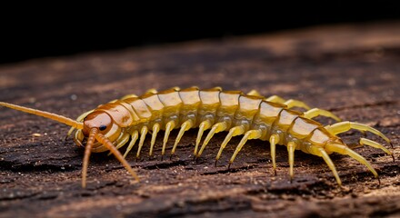 Fototapeta premium Yellow Centipede on Wood - Detailed Myriapod Macro