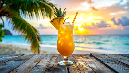 Tropical cocktail with pineapple by the beach at sunset