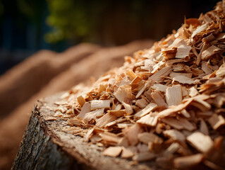 Wood Chips Pile, Golden Tan Color on Tree Stump, Outdoor Natural Scene