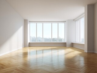 Fototapeta premium A large empty room with a window and a bench