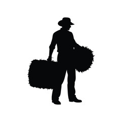 Silhouette of Farmer Carrying Hay Bales in a Rural Farming Setting, farmer with hay bale silhouette vector illustration © hamiduls11arts