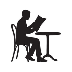 Silhouette of a man reading a newspaper at a cafe table relaxation and news