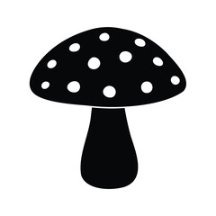 Black and white illustration of a mushroom with white spots on the cap, fly agaric mushroom silhouette vector illustration
