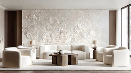 Elegant living space with botanical wall and geometric furniture, highlighting modern home aesthetics and texture.