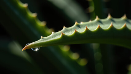 Naklejka premium Aloe vera leaf with water droplet, showcasing natural beauty and freshness in close up view