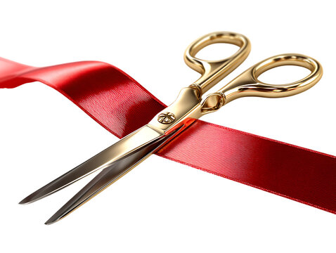 Golden scissors cut a red ribbon, symbolizing a grand opening or celebration.