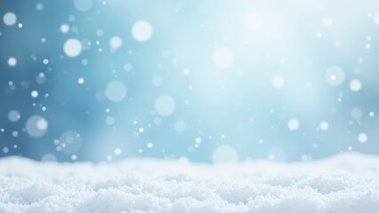 Soft snow blankets ground, creating serene winter scene with gentle snowfall and dreamy blue background