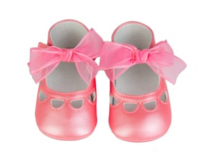 Close-up of pink baby shoes, presented on a transparent background. The image is simple, drawing all focus to the tiny, delicate footwear.  Perfect for use in projects related to baby products.