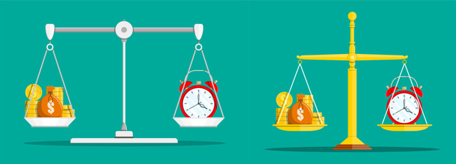 Two balanced scales with money and alarm clock comparing the value of time and financial wealth.