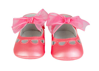 Close-up of pink baby shoes, presented on a transparent background. The image is simple, drawing all focus to the tiny, delicate footwear.  Perfect for use in projects related to baby products.