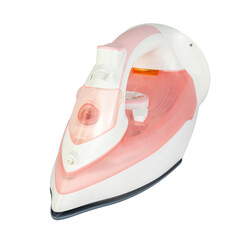 A detailed studio shot of a modern pink and white cordless steam iron, isolated on a transparent background.