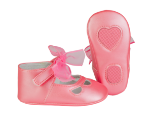 Close-up of pink baby shoes, presented on a transparent background. The image is simple, drawing all focus to the tiny, delicate footwear.  Perfect for use in projects related to baby products.