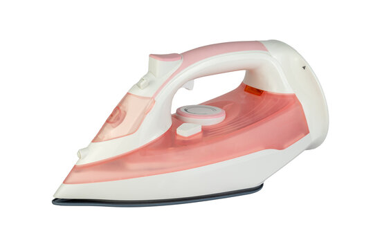 A detailed studio shot of a modern pink and white cordless steam iron, isolated on a transparent background
