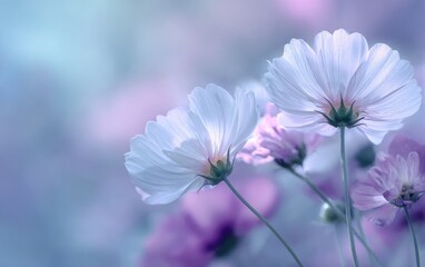 Delicate, pastel-toned cosmos flowers in soft focus