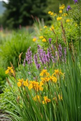 Fototapeta premium A garden with yellow flowers and green grass