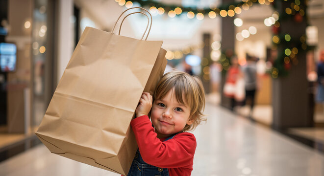 A playful toddler peeks from behind a huge paper shopping bag in a mall, a humorous photo for articles on holiday shopping with kids and family lifestyle blogs.