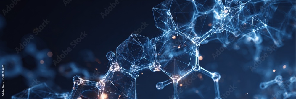 Poster visual representation of molecular structures and interactions against a dynamic dark background, sh