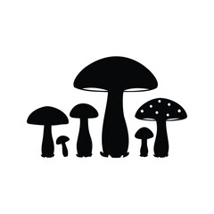 A minimalist illustration of a group of diverse mushrooms in silhouette, mushroom family set silhouette vector illustration