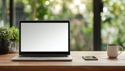 Fototapeta premium Laptop on wooden table, blurred background