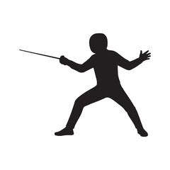 Fencer Silhouette Ready to Attack with Rapier Sword and Protective Gear Positioned for the Lunge