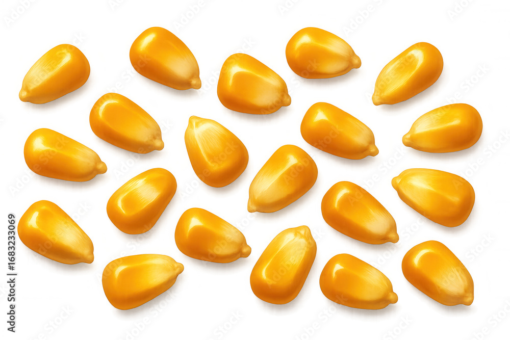 Poster realistic corn kernels lying on transparent background, creating a visually appealing arrangement fo