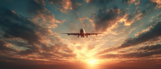 Soaring Journey into the Sunset: A passenger airplane soars majestically into the twilight sky, set against a dramatic backdrop of vibrant sunset hues, ready for flight.