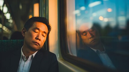 Asian businessman in dark suit sleeping peacefully on public transport with warm evening lighting and his reflection visible in window glass during commute journey.