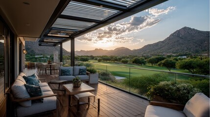 A patio with a view of a mountain range
