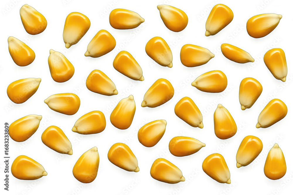 Poster multiple corn kernels lie scattered on a transparent background, creating a versatile image for food
