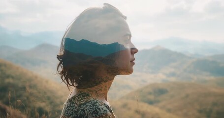 Camera holding woman's profile at mountain field, applying double exposure peak overlay - Powered by Adobe