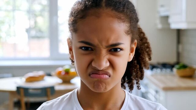 Young African American girl with curly braids making disgusted face expression in bright modern kitchen