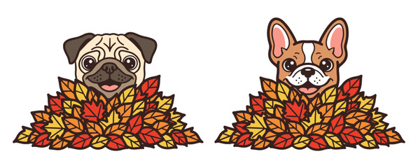 pug and French bulldog peeking out from a pile of autumn leaves, fall illustration, cartoon dog