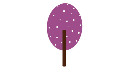 Abstract Tree Illustration: Purple Foliage, White Dots, Brown Trunk. Simple Graphic Design Element for Nature, Spring, and Children's Themes. Isolated on White.