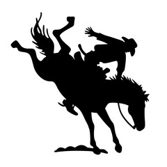 Cowboy battling bronco silhouette at fiery sunset, dramatic dust and resilience, classic American West high-resolution digital art