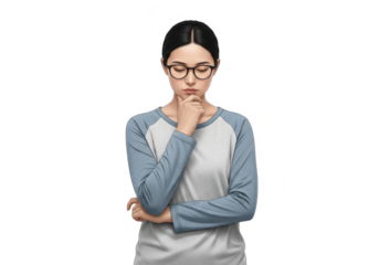 Thoughtful young woman wearing glasses pondering deeply with finger on chin transparent background