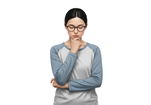 Thoughtful young woman wearing glasses pondering deeply with finger on chin transparent background