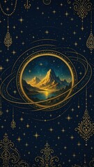 Mystical mountain cosmic illustration