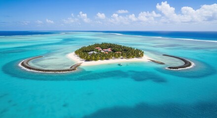 Aerial view of a tropical island, white sand beach, turquoise water, and buildings