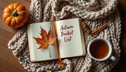 Autumn bucket list notebook with pumpkin, tea, and cozy blanket  