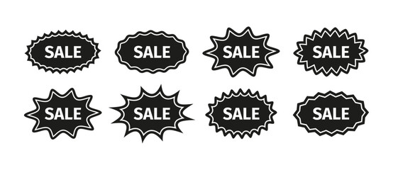 Black starburst sale stickers. Circle splash badges. Product price tag labels. Callout star shapes. Discount promo boxes, stamps. Set of star bursts isolated on white background. Vector illustration