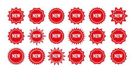 New item star burst stickers. Discount promo boxes, stamps. Red splash badges. Set of circle tag product labels. Starburst shapes isolated on white background. Vector illustration.